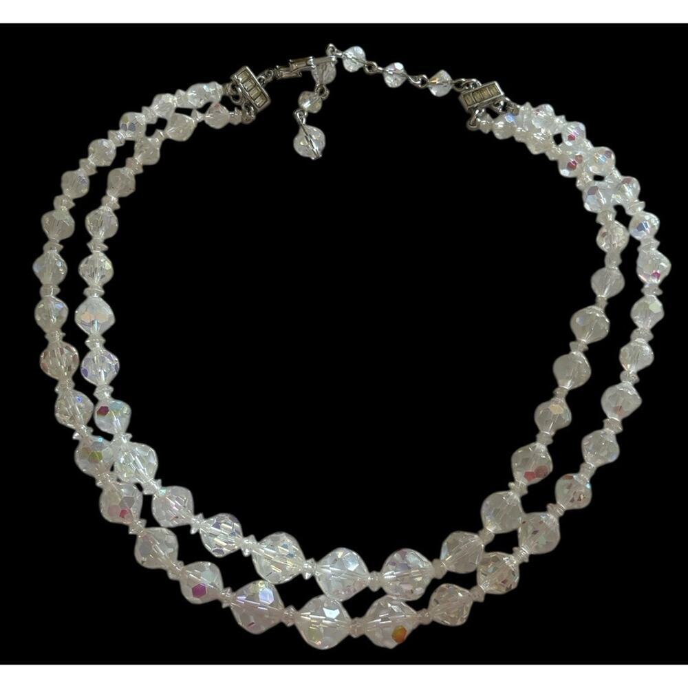 Aurora Borealis Necklace Double Layered AB Crystal Costume Jewelry Mid Century - Picture 2 of 6